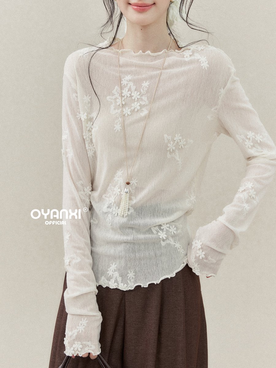 OYANXI シアー フリル袖 長袖インナーTシャツ