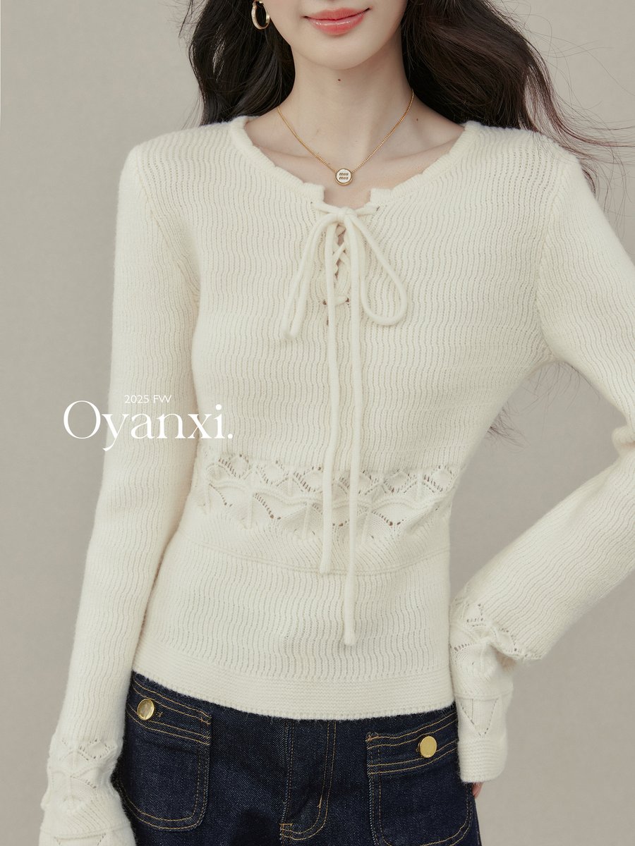 OYANXI 透かし編み リボンタイ ニットトップス