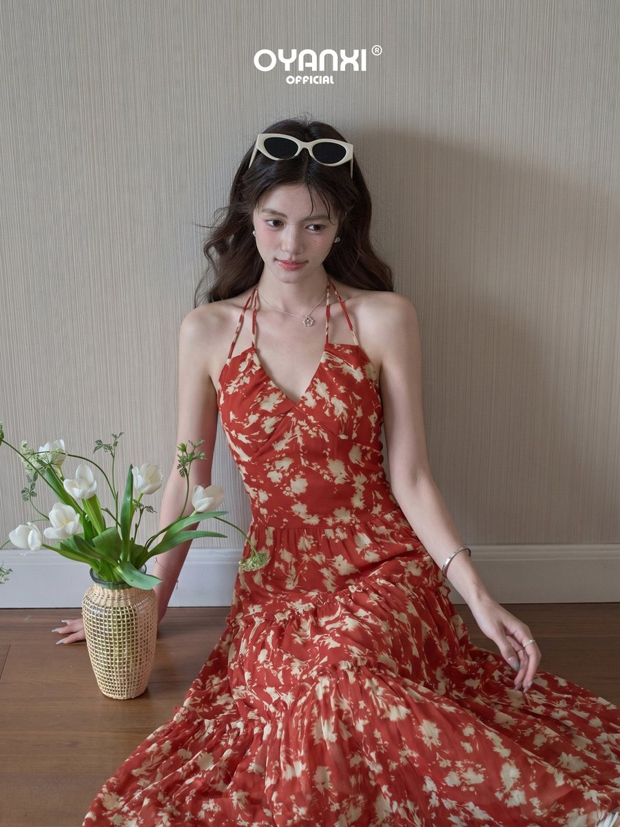 OYANXI 花柄 ホルターネック Aライン ロングワンピース