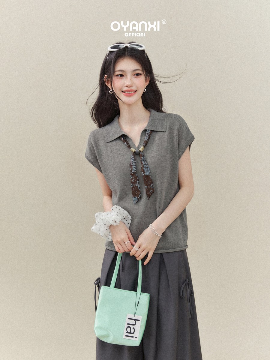 OYANXI スカーフ付き 襟付き パフスリーブ 半袖Tシャツ
