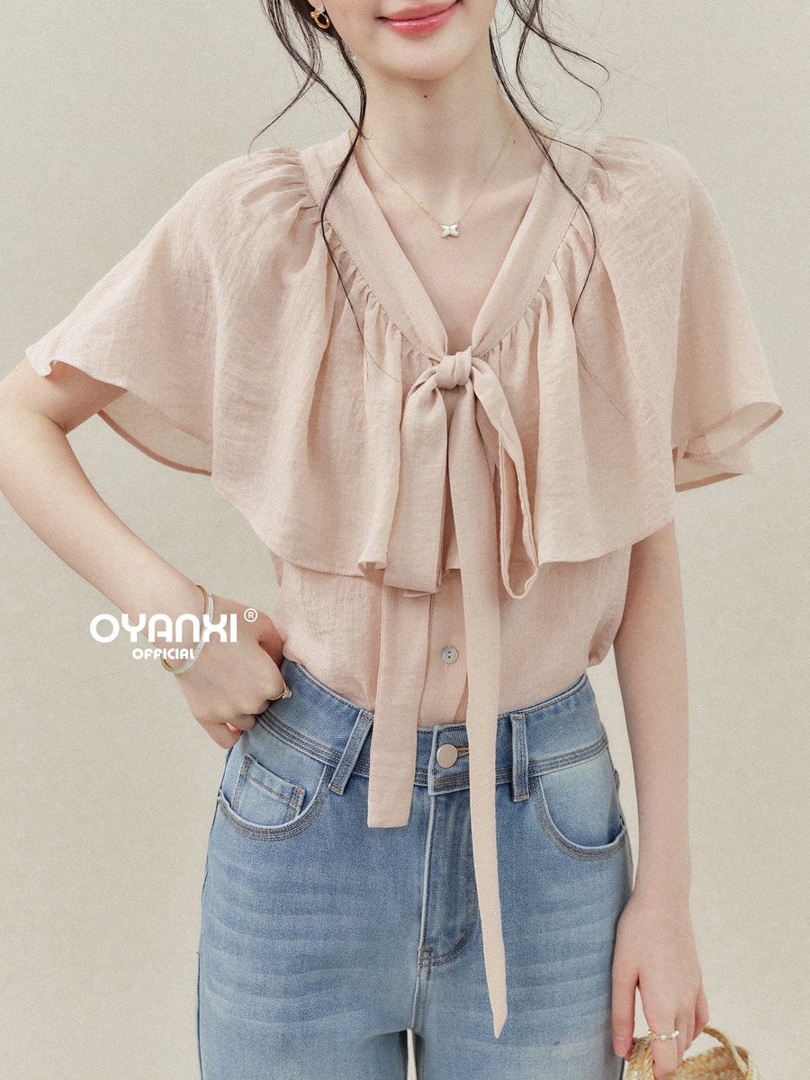 OYANXI Vネック リボン フリルスリーブ 半袖ブラウス