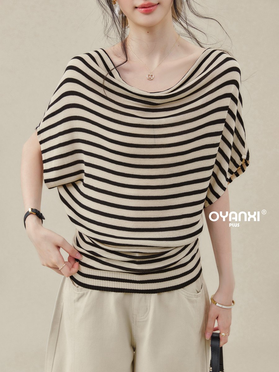 OYANXI ストライプ ドルマンスリーブ 半袖Tシャツ