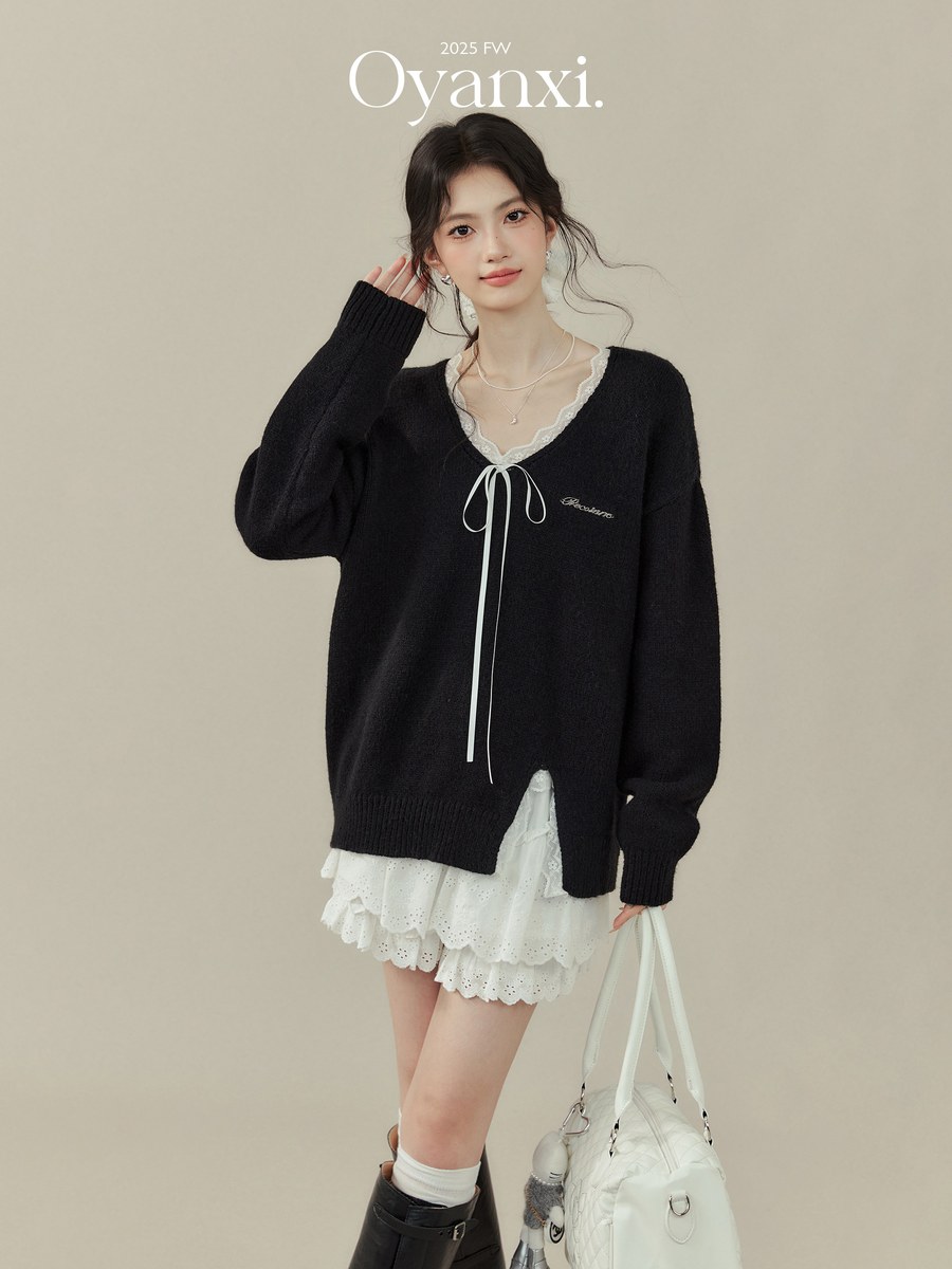 OYANXI レース リボン Vネック ニットセーター ブラック