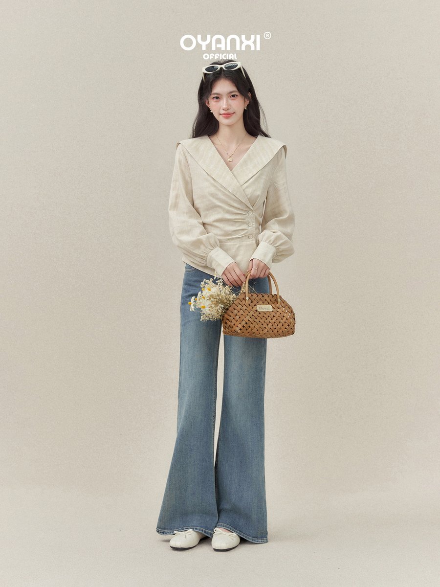 OYANXI ビッグカラー クロスVネック 長袖シャツ