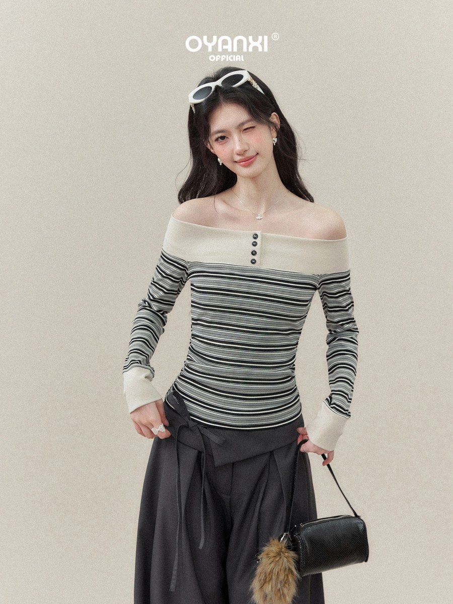 OYANXI 配色ネック ボーダー オフショルダー 長袖Tシャツ