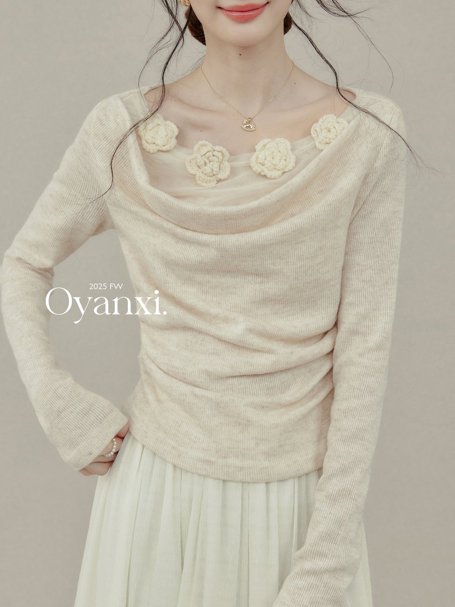 OYANXI ドレープネック フラワーモチーフ 長袖カットソー