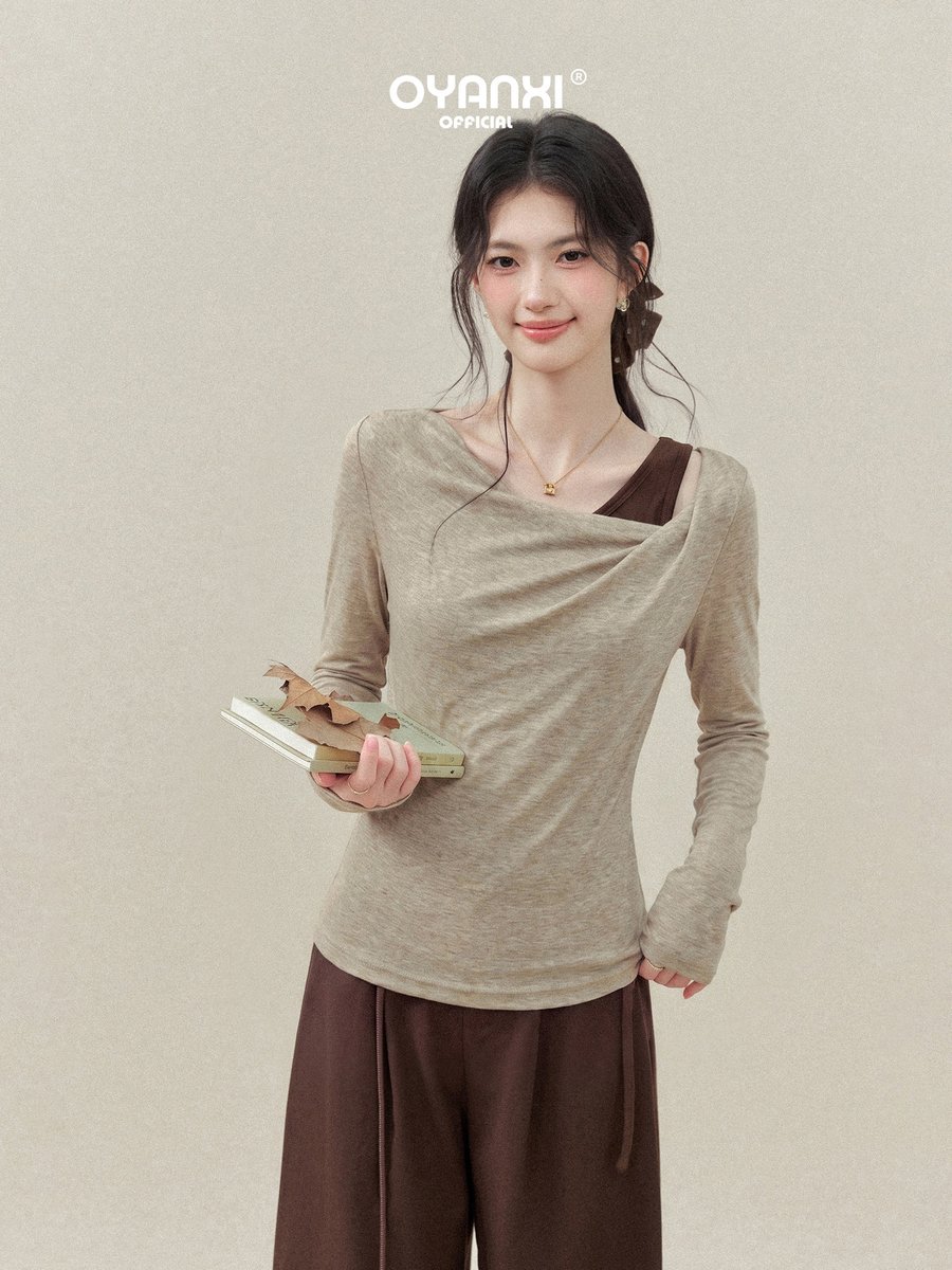 OYANXI タートルネック 斜めショルダー フェイクレイヤード 長袖ニット