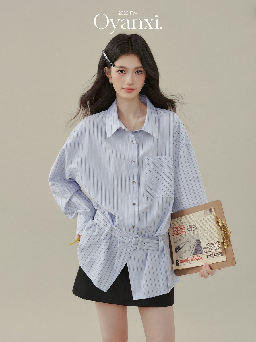 OYANXI ストライプ ゆったり 長袖シャツ ブルー
