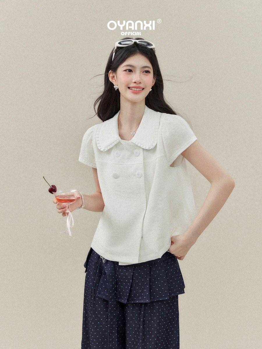 OYANXI 重ね襟 丸ボタン パフスリーブ 半袖シャツ