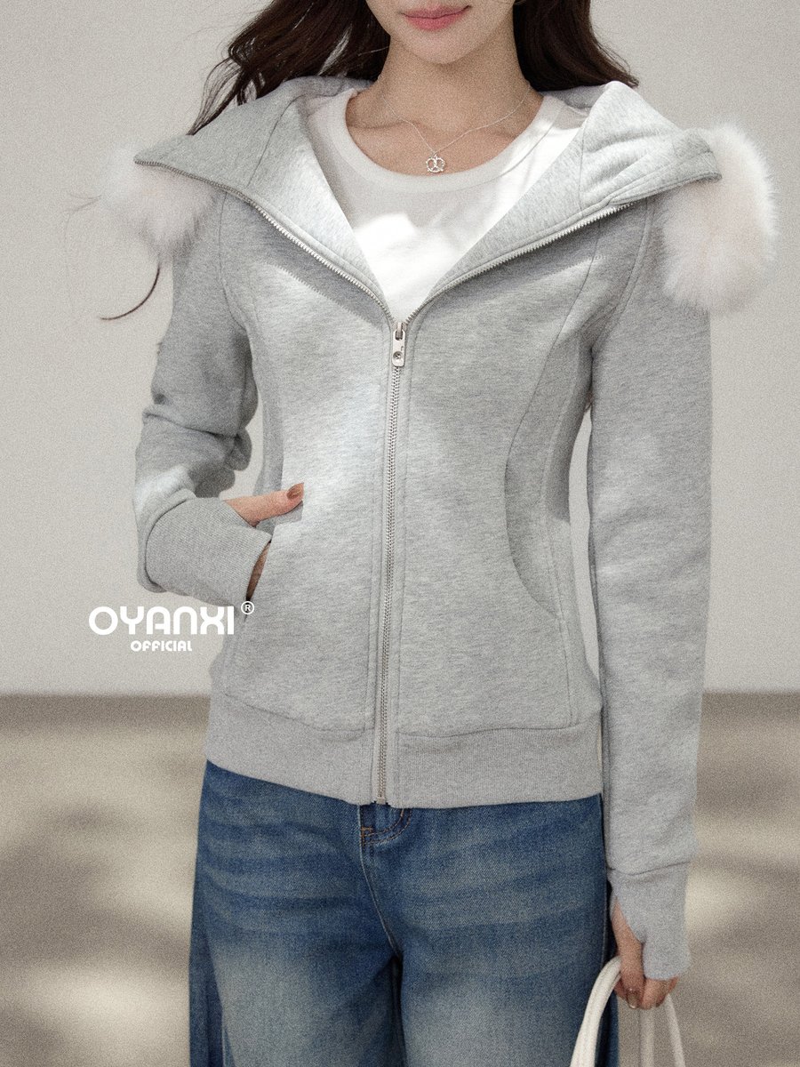 OYANXI 取り外し可能ファー襟 裏起毛 ジップアップスウェット