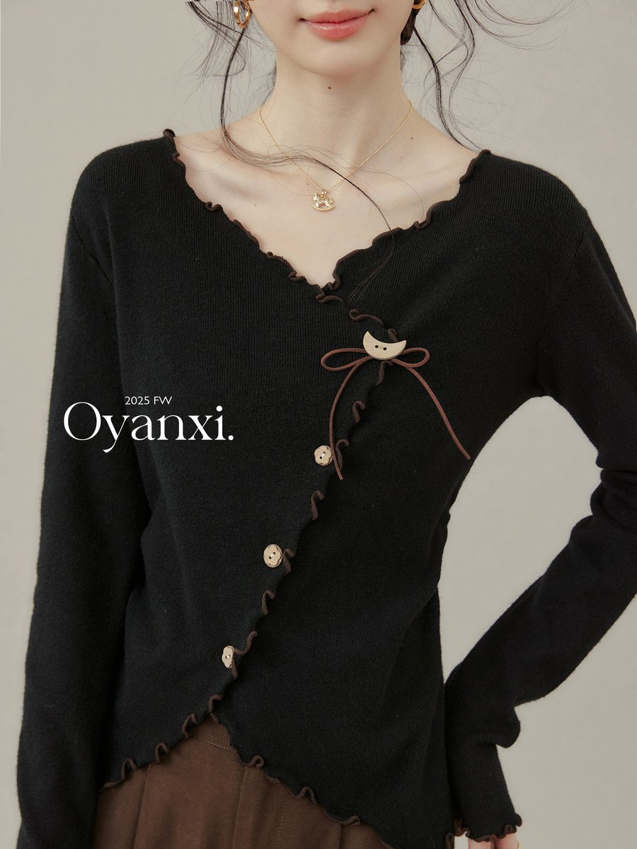 OYANXI リボン ギャザー アシンメトリー ニットトップス