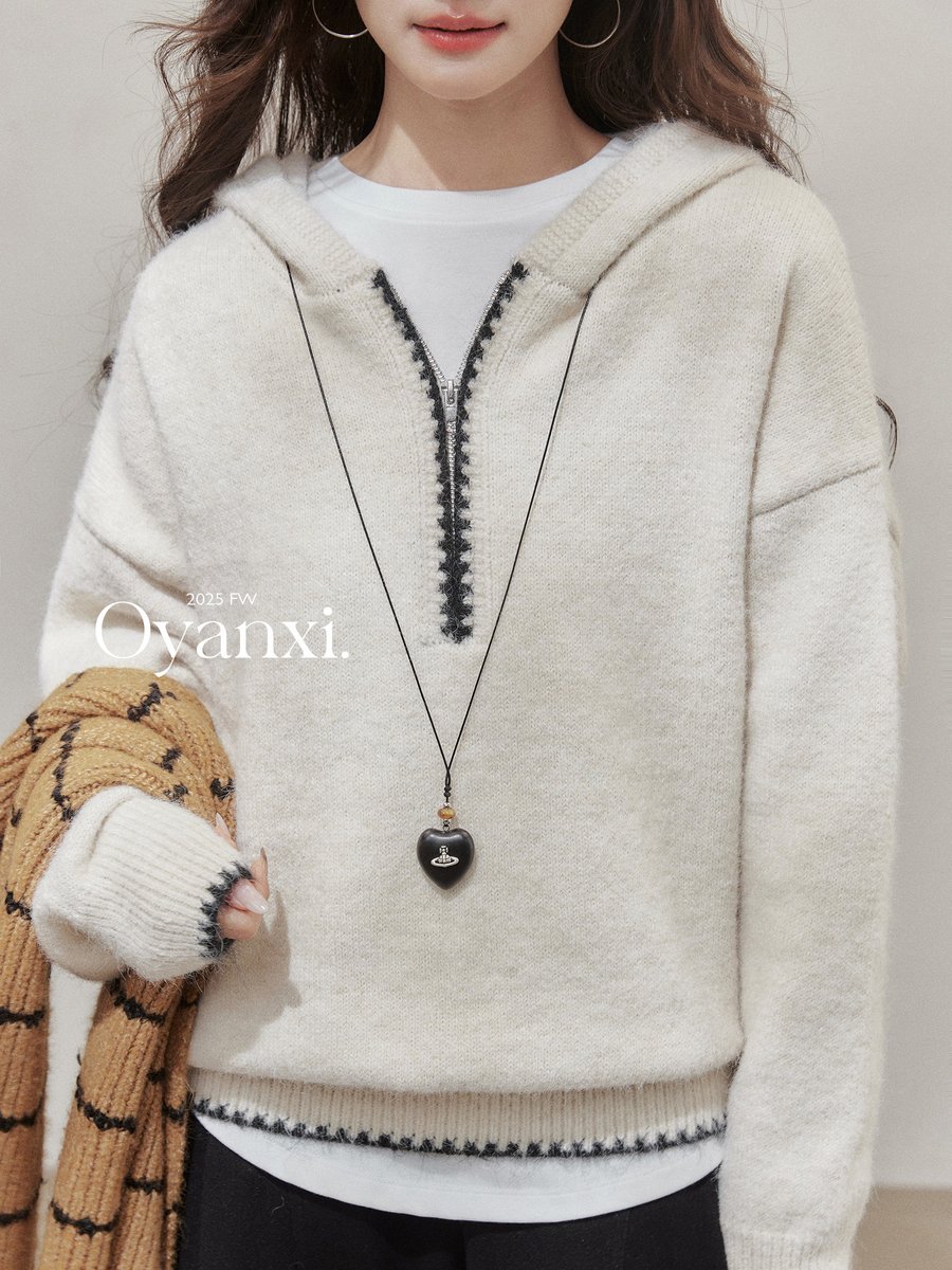 OYANXI 配色 フード付き プルオーバーニット