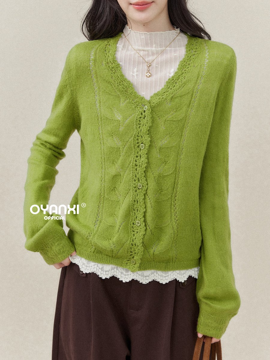 OYANXI Vネック 透かし編み柄 ゆったり 長袖ニットトップス