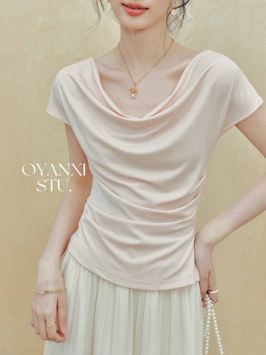 OYANXI ドレープネック ウエストシェイプ 半袖Tシャツ