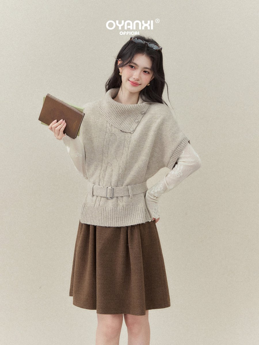 OYANXI ハーフハイネック ベルト付き ゆったり半袖ニット