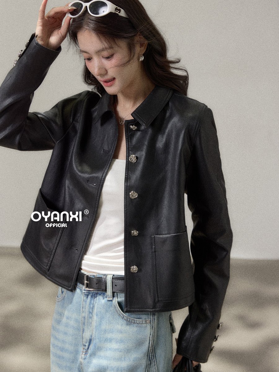 OYANXI 折り襟 ショート丈 レザー調ジャケット