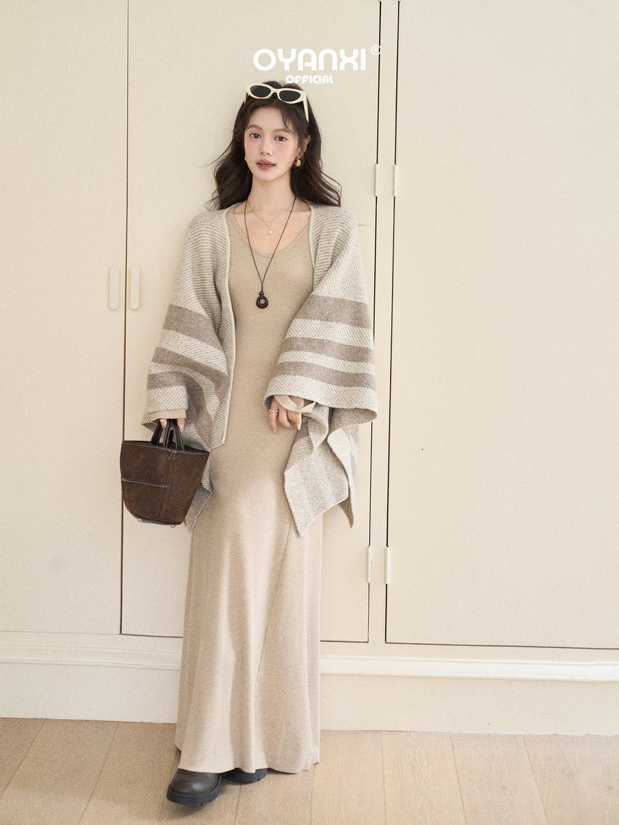 OYANXI Vネック スリムワンピース ストライプショール付き 2点セット