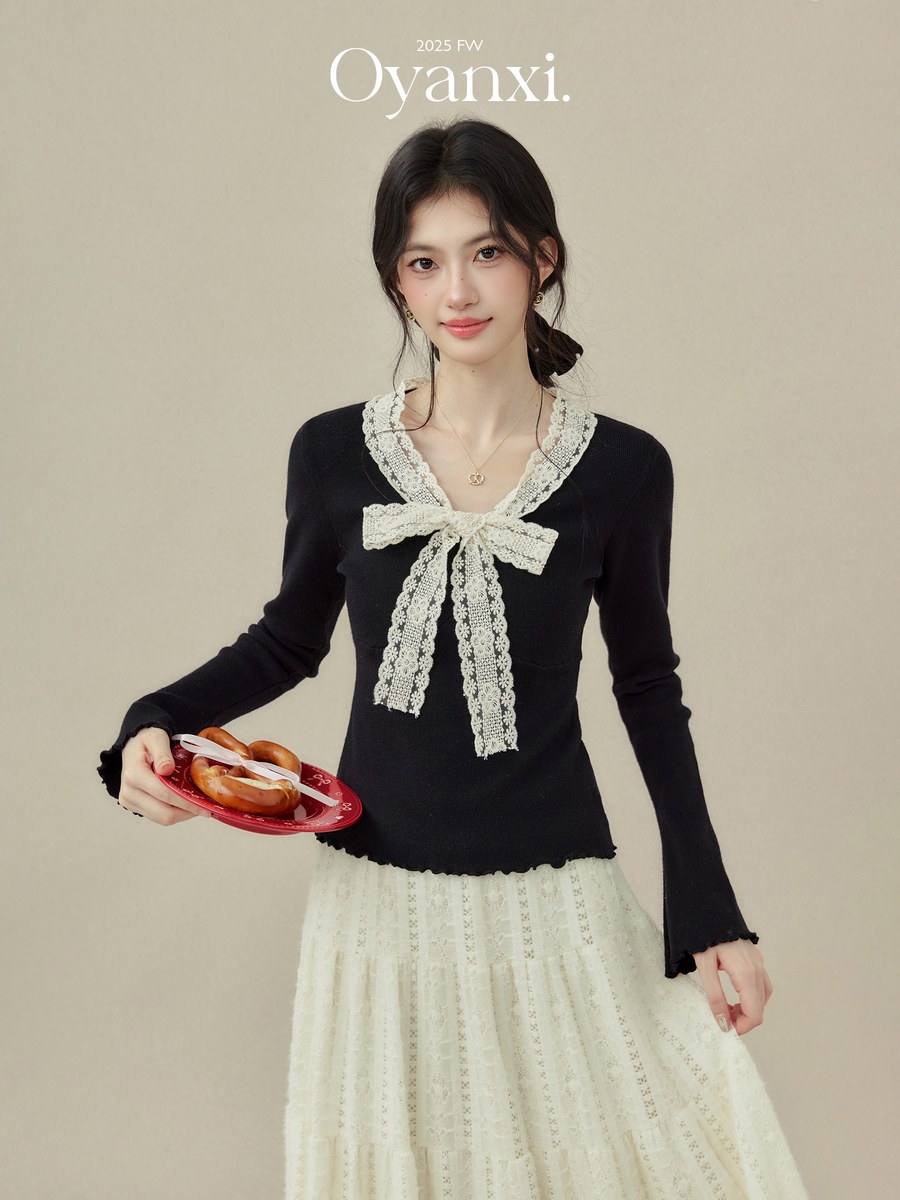 OYANXI レーストリム Vネック 長袖Tシャツ