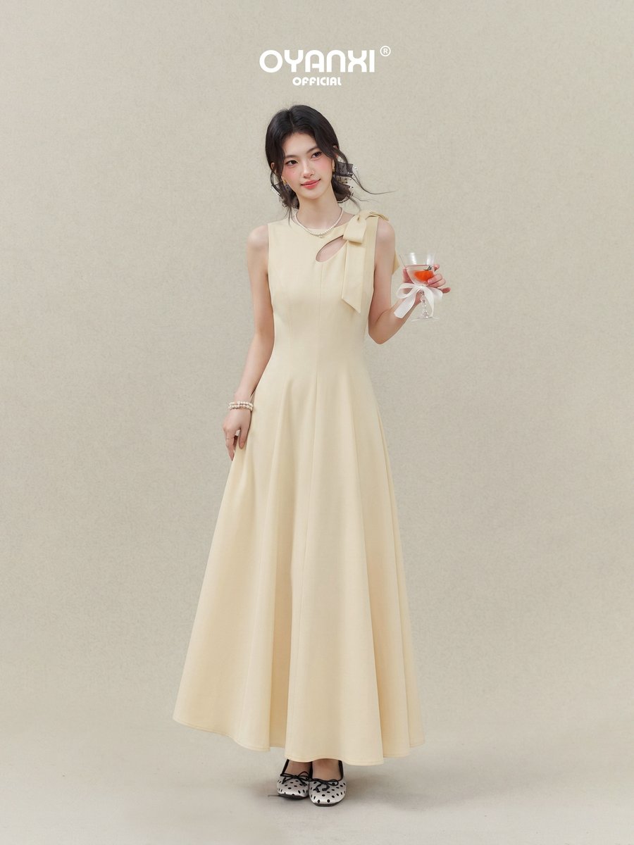 OYANXI リボン ノースリーブ ウエストシェイプ ロングワンピース