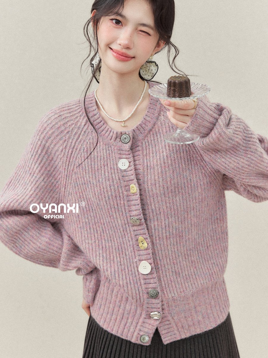 OYANXI リブ編み クルーネック ショート丈 ニットカーディガン