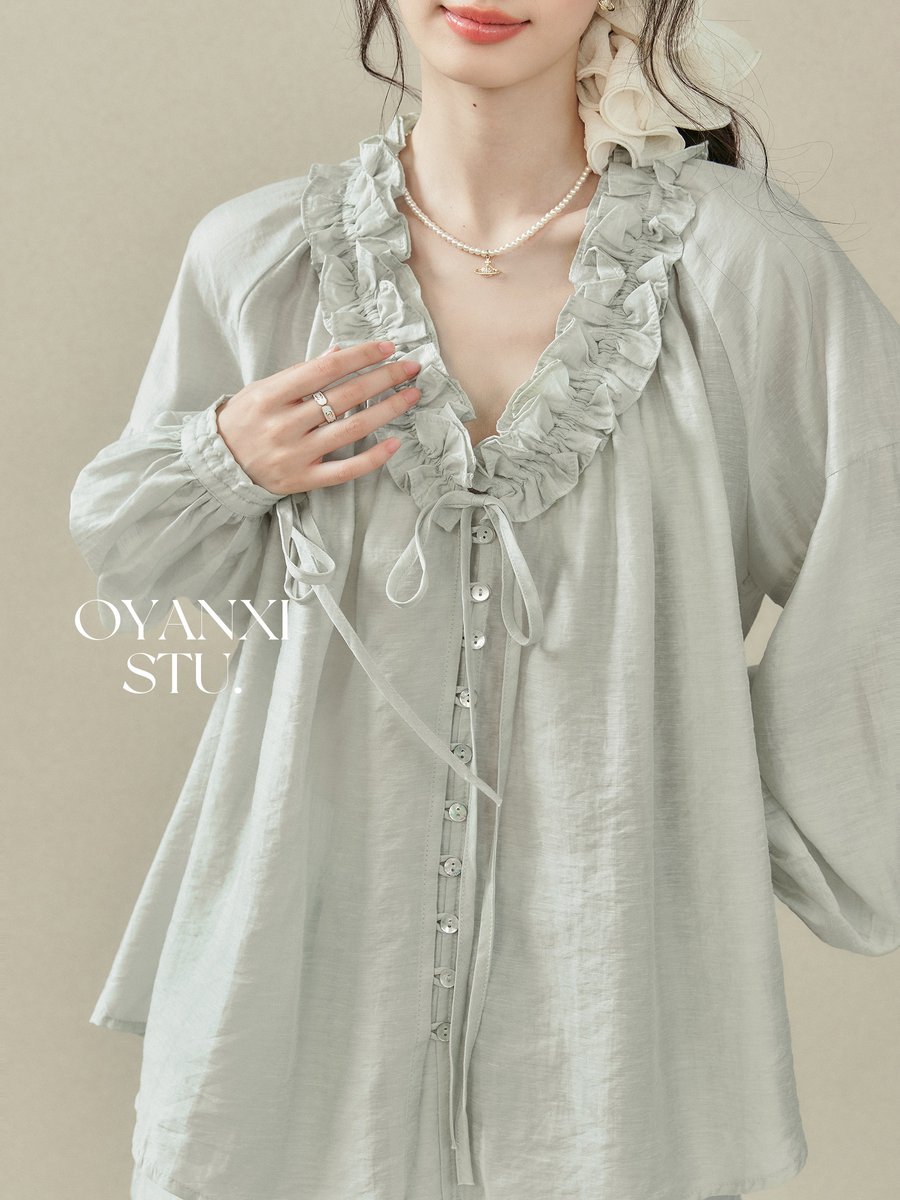 OYANXI フリル リボン ブラウス＆ショートパンツ セットアップ
