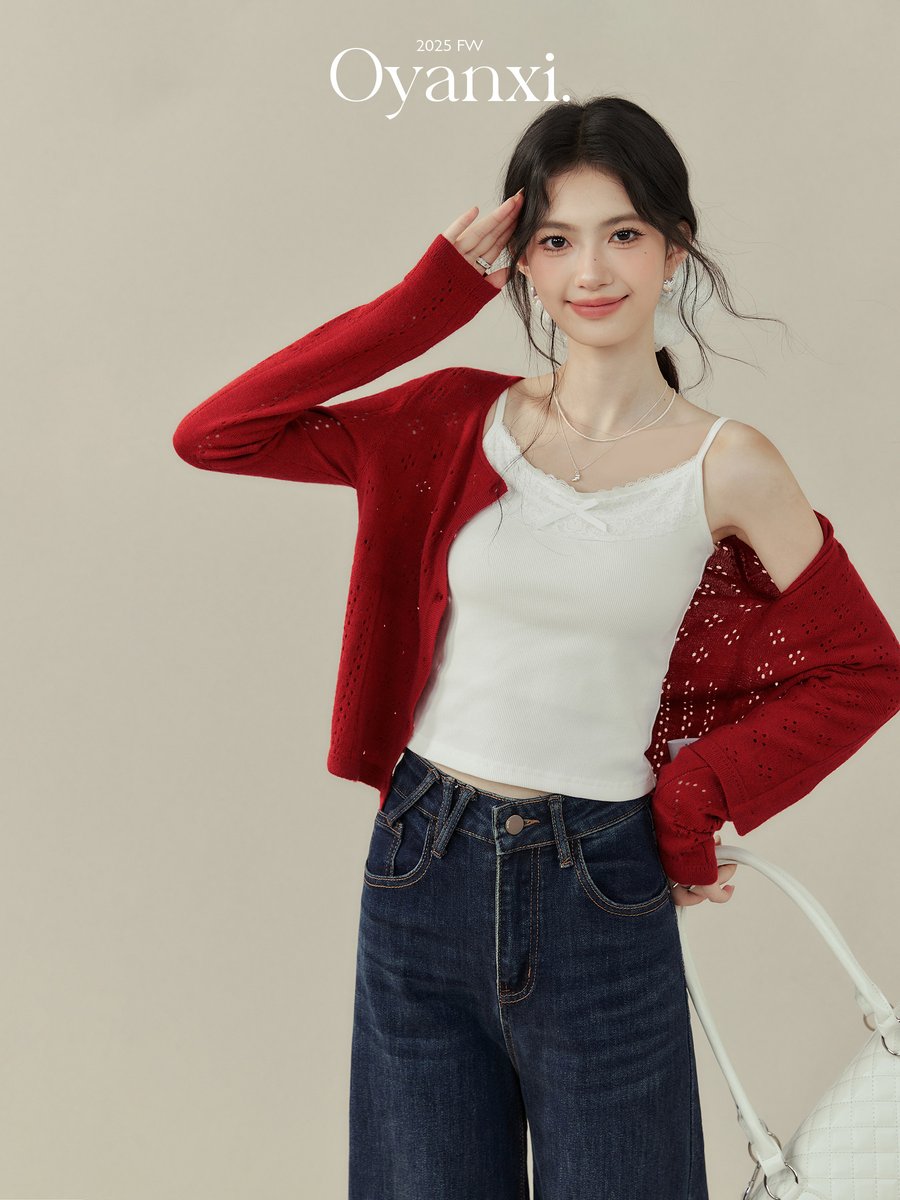 OYANXI 透かし編み ショート丈 ニットカーディガン レッド
