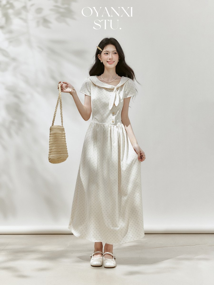 OYANXI ドット柄 ウエストシェイプ ロングワンピース