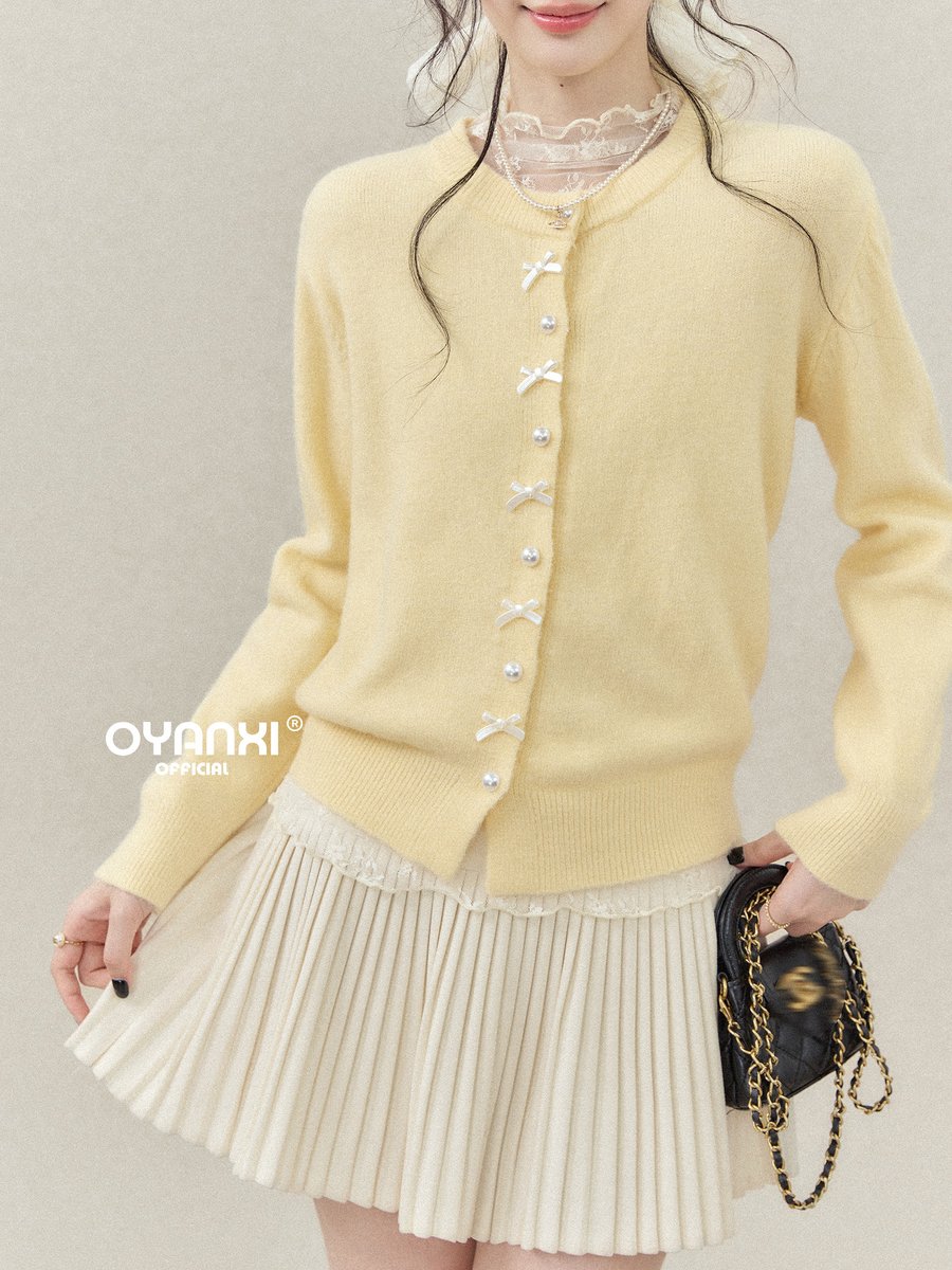 OYANXI パールボタン 長袖ニットカーディガン