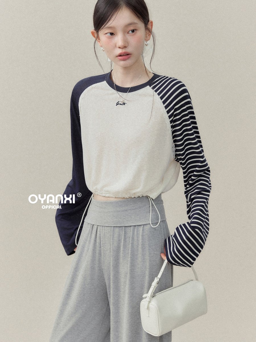 OYANXI アシンメトリー 配色 ドロストヘム 長袖Tシャツ