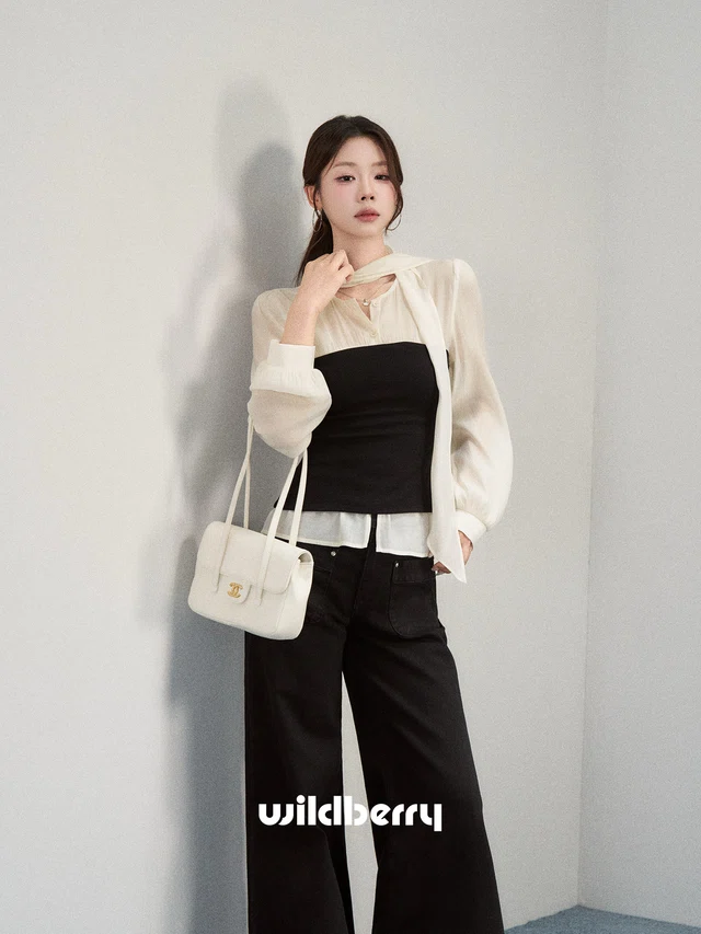 Wildberry リボンネック レイヤード風長袖シャツ