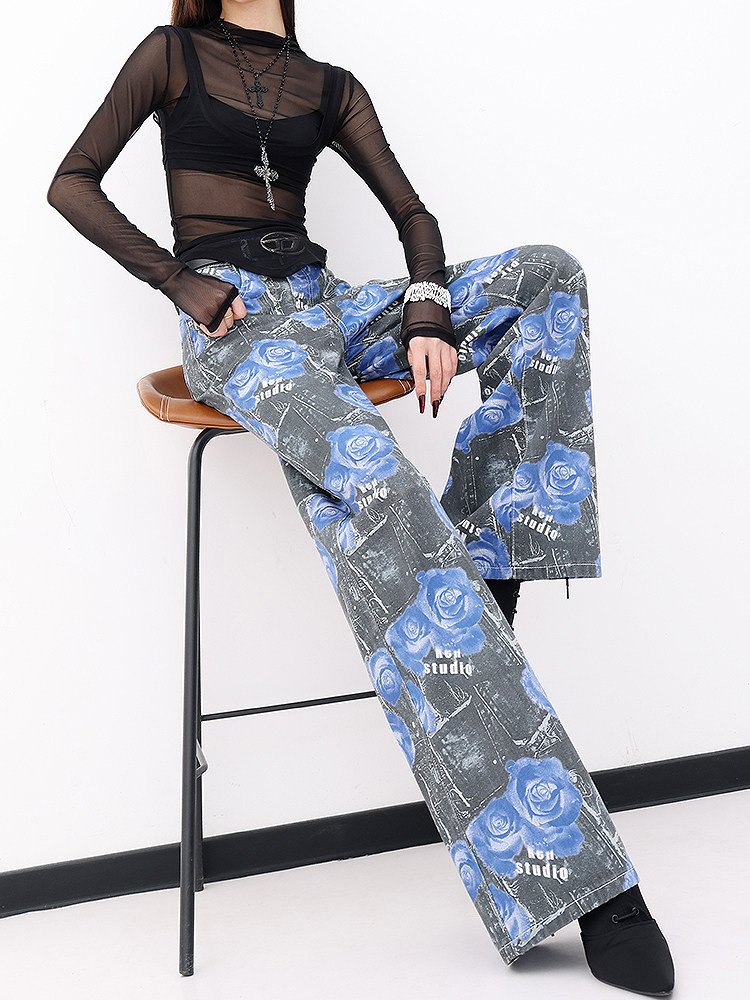 ロング丈 デジタルプリント ワイドデニムパンツ｜商品写真