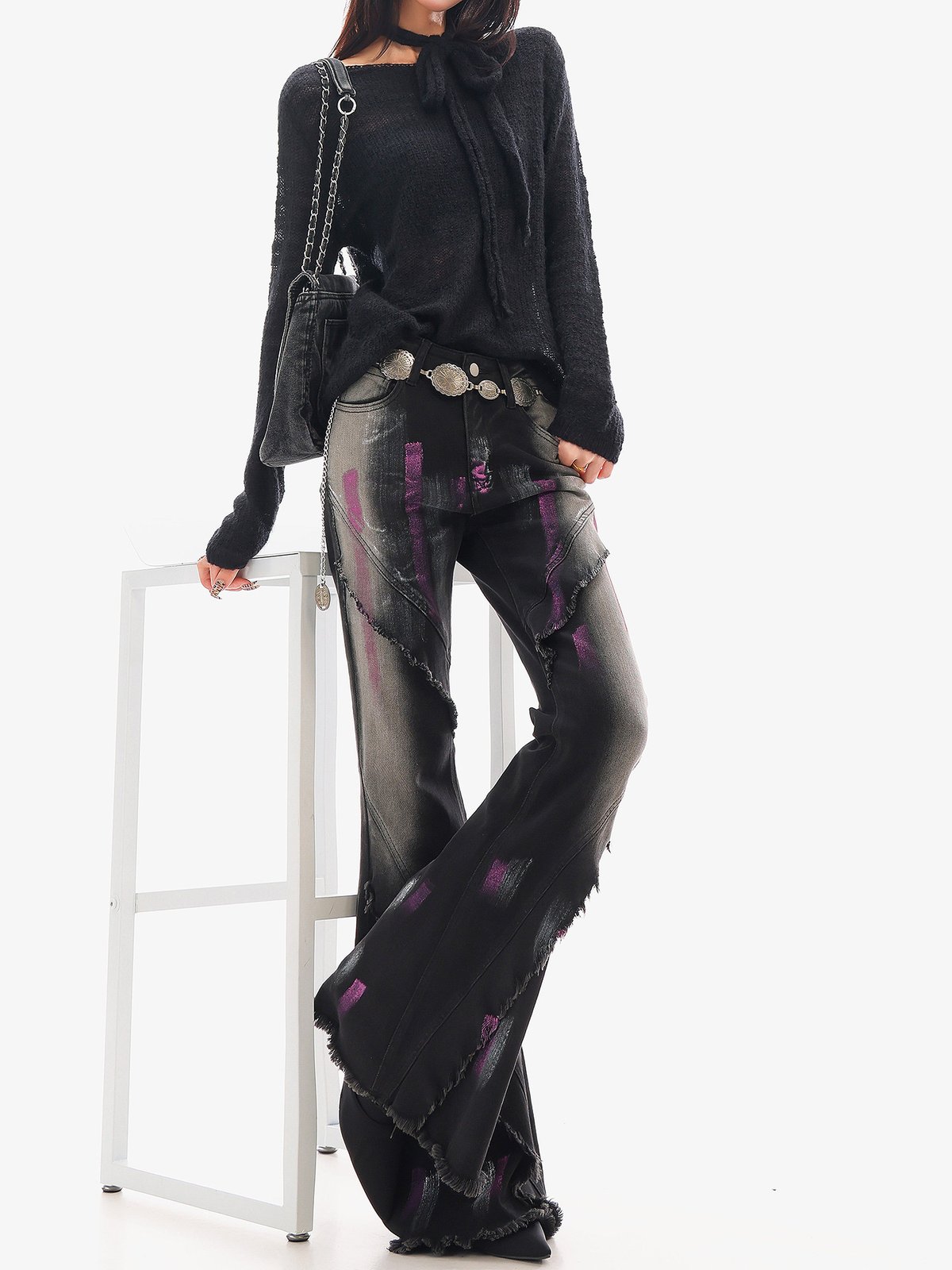 ロング丈 ペイント セミフレアデニム ストレッチ｜商品写真