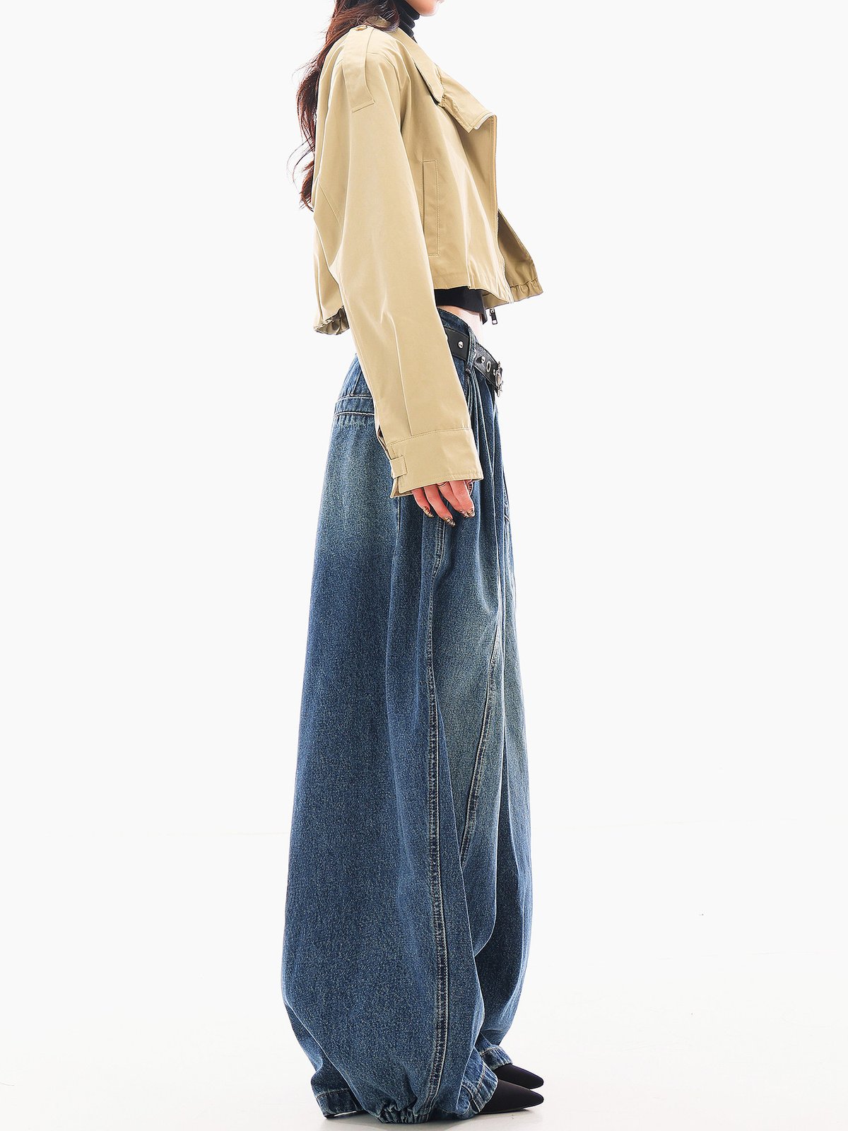 ロング丈 とろみ ワイドデニムパンツ ゆったり｜商品写真