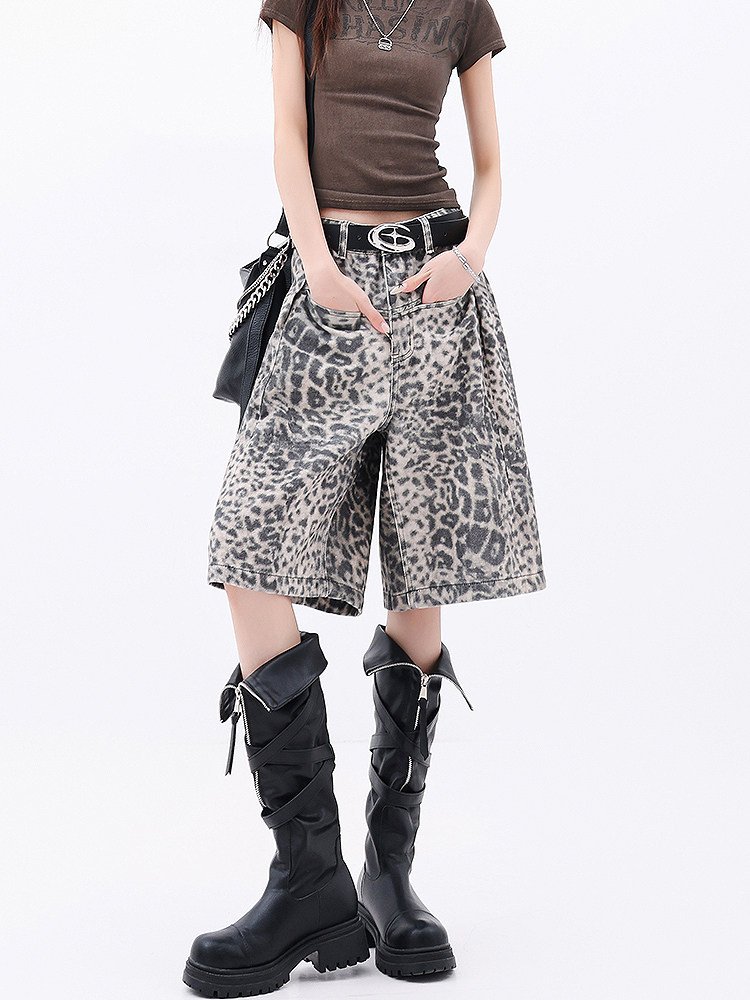 レオパード柄 デニムハーフパンツ ゆったり｜商品写真