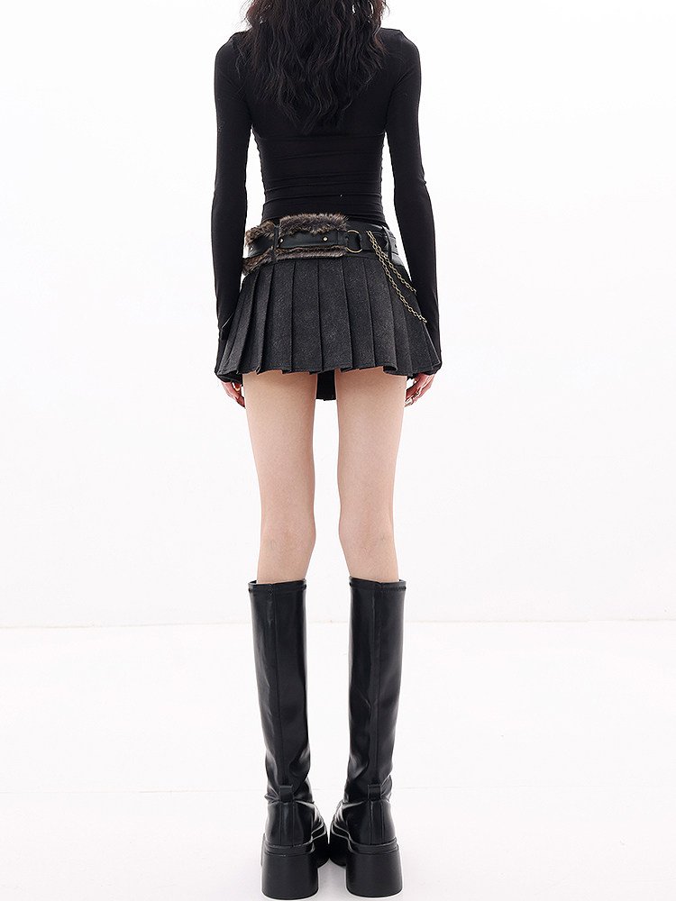 ファー切替 PUレザー プリーツミニスカート｜商品写真
