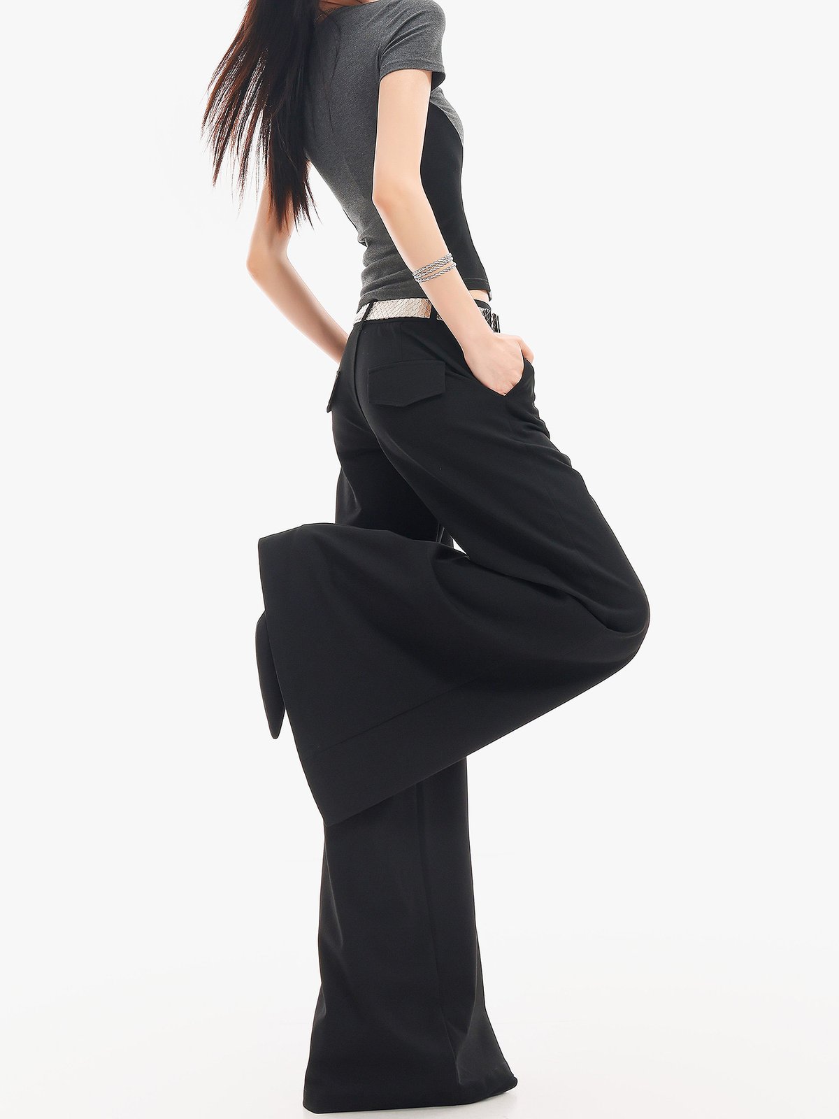 ロング丈 セミフレア ワイドスラックス｜商品写真