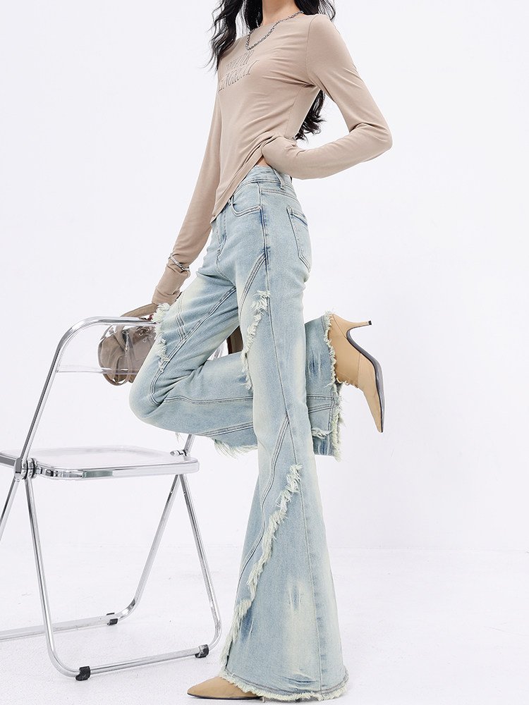 ロング丈 フリンジ ストレッチ フレアデニム｜商品写真