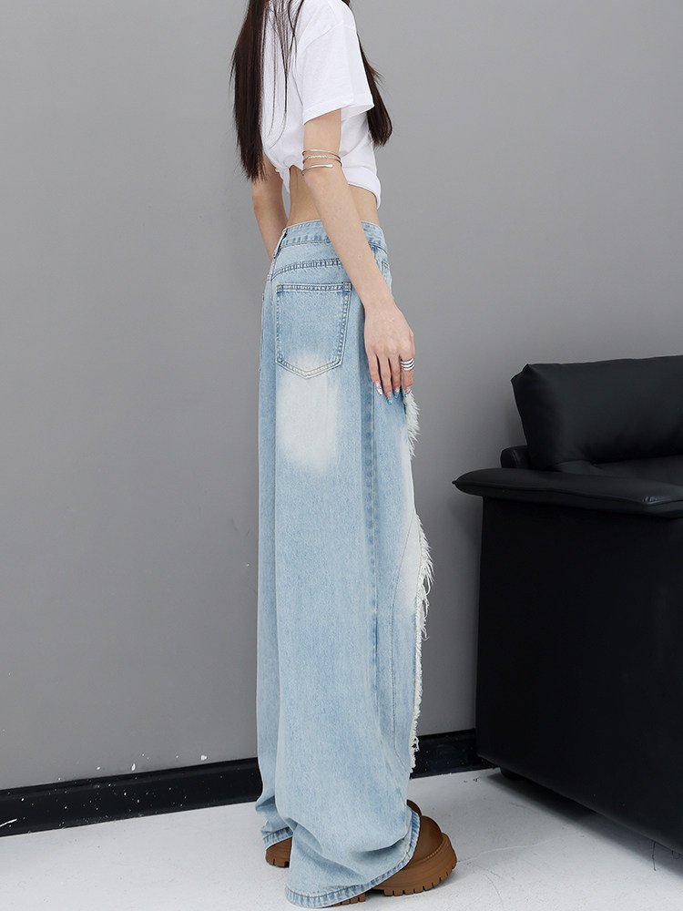 ロング丈 ダメージ フリンジ ワイドデニムパンツ｜商品写真