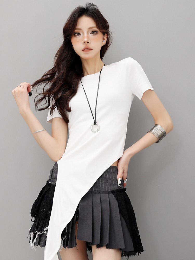 アシメ裾 ひも付き クルーネック半袖Tシャツ｜商品写真