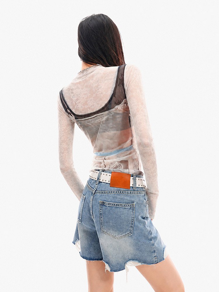 3Dプリント シアーメッシュ クルーネック長袖Tシャツ｜商品写真