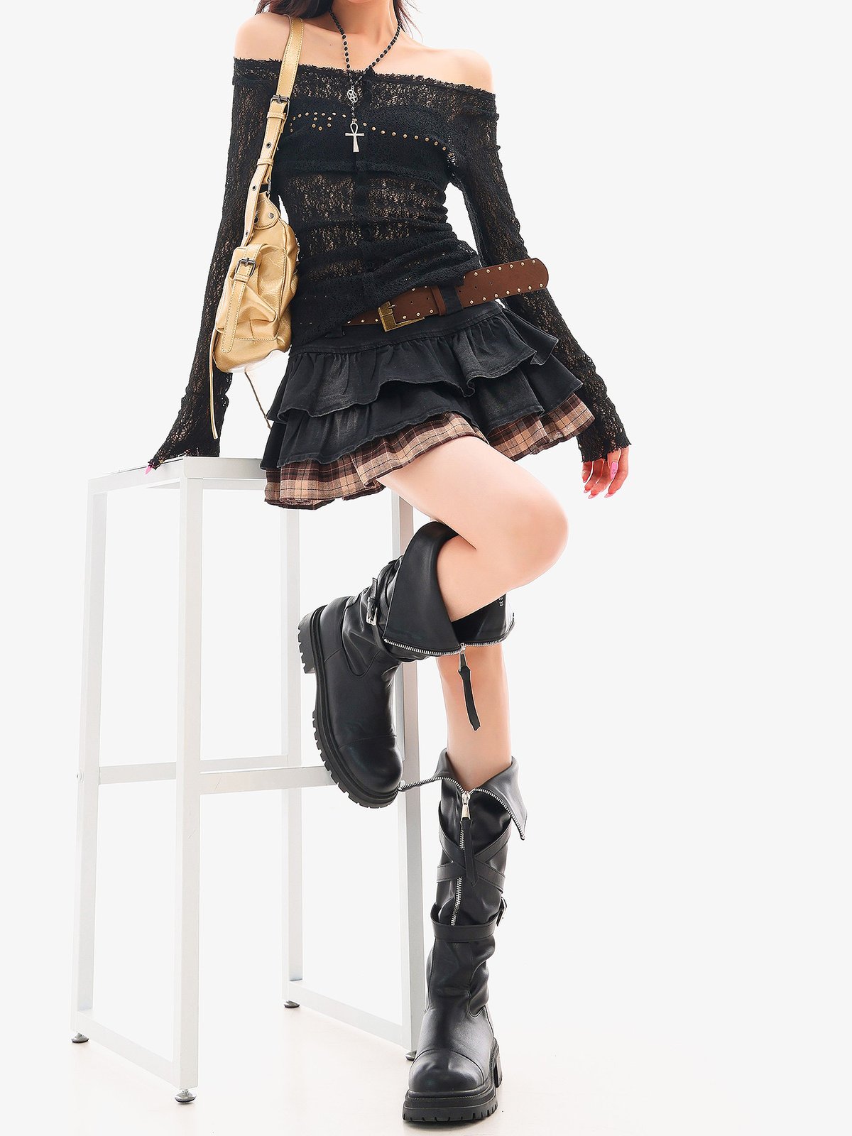 チェック×デニム ティアード Aラインミニスカート｜商品写真