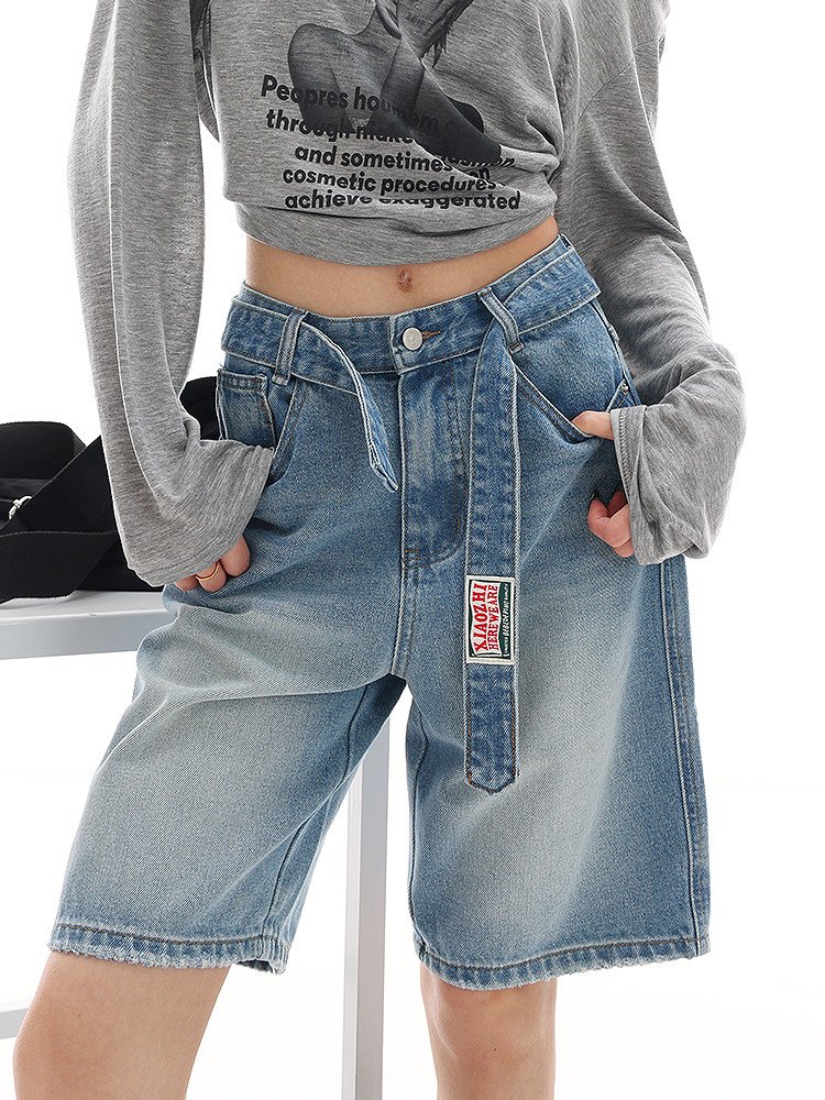 ベルト付き ウォッシュド デニムハーフパンツ｜商品写真