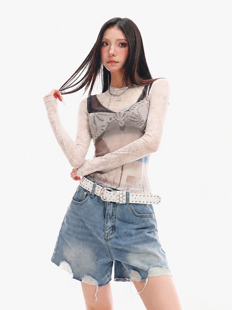 3Dプリント シアーメッシュ クルーネック長袖Tシャツ｜商品写真