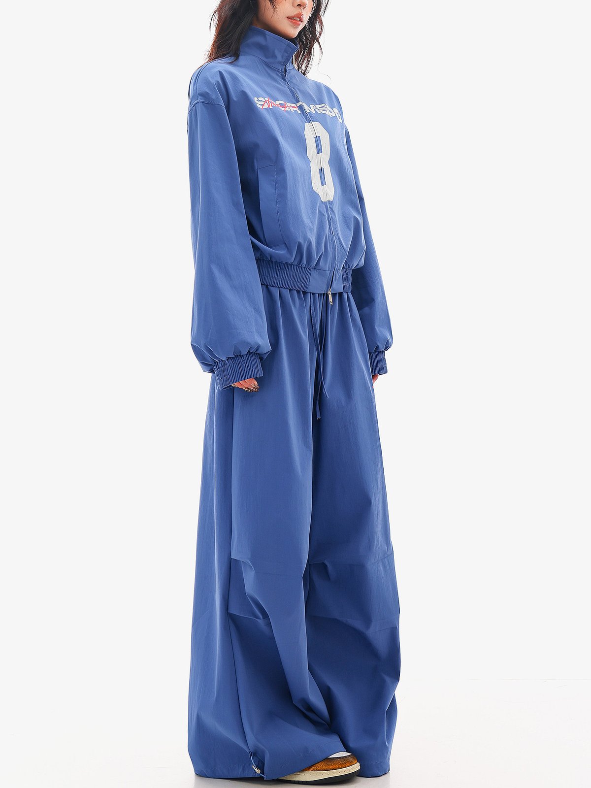 ロング丈 ウエストゴム ワイドスポーツパンツ ブルー｜商品写真