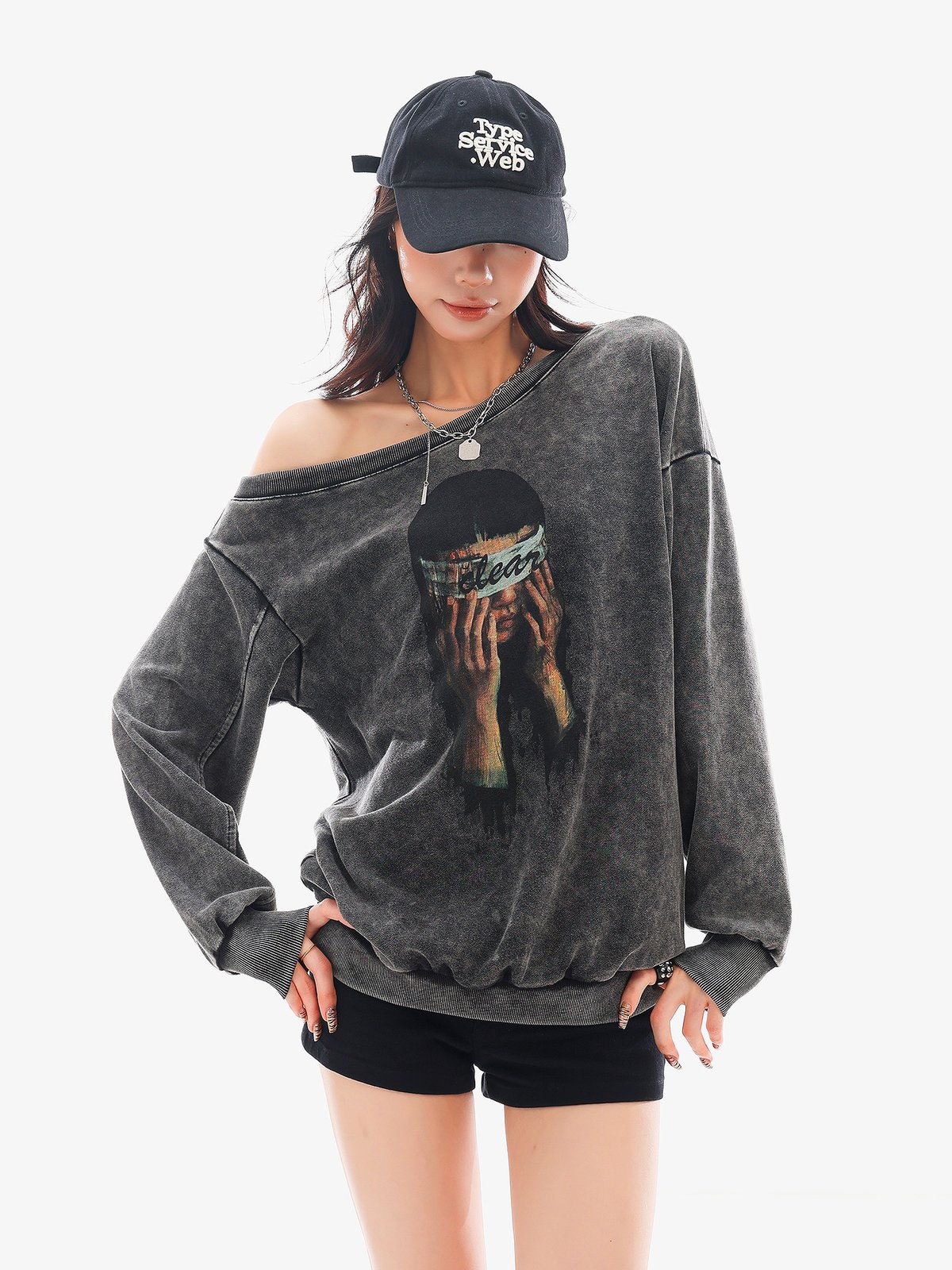 ヴィンテージ加工 ポートレートプリント ワンショルダー長袖Tシャツ｜商品写真