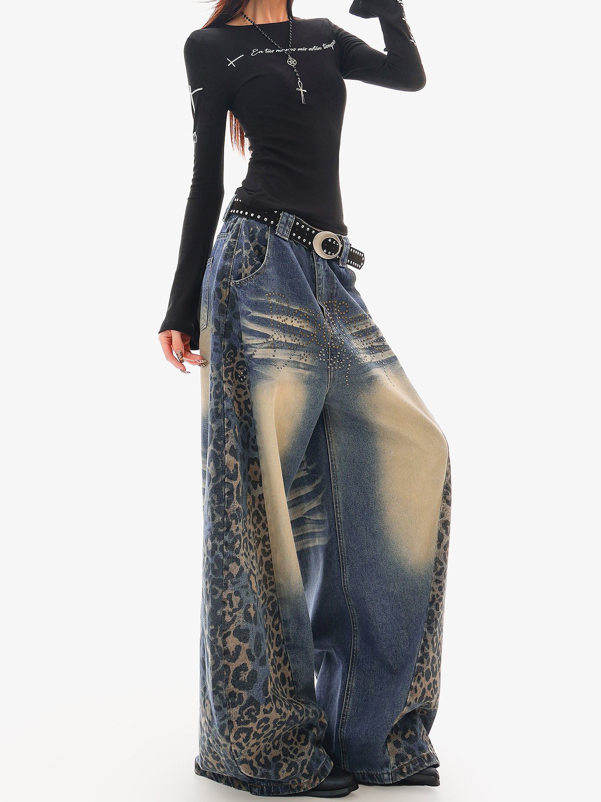 ロング丈 レオパード切替 ワイドデニム｜商品写真