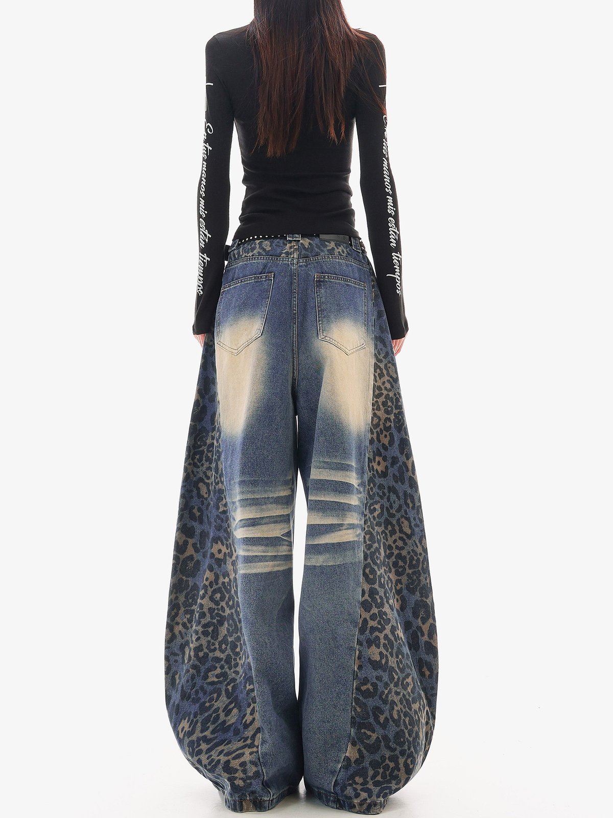 ロング丈 レオパード切替 ワイドデニム｜商品写真