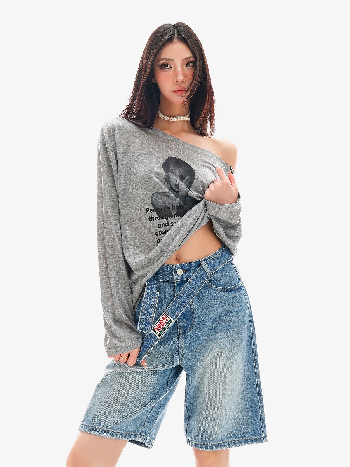 ポートレートプリント アシメネック 長袖Tシャツ グレー｜商品写真