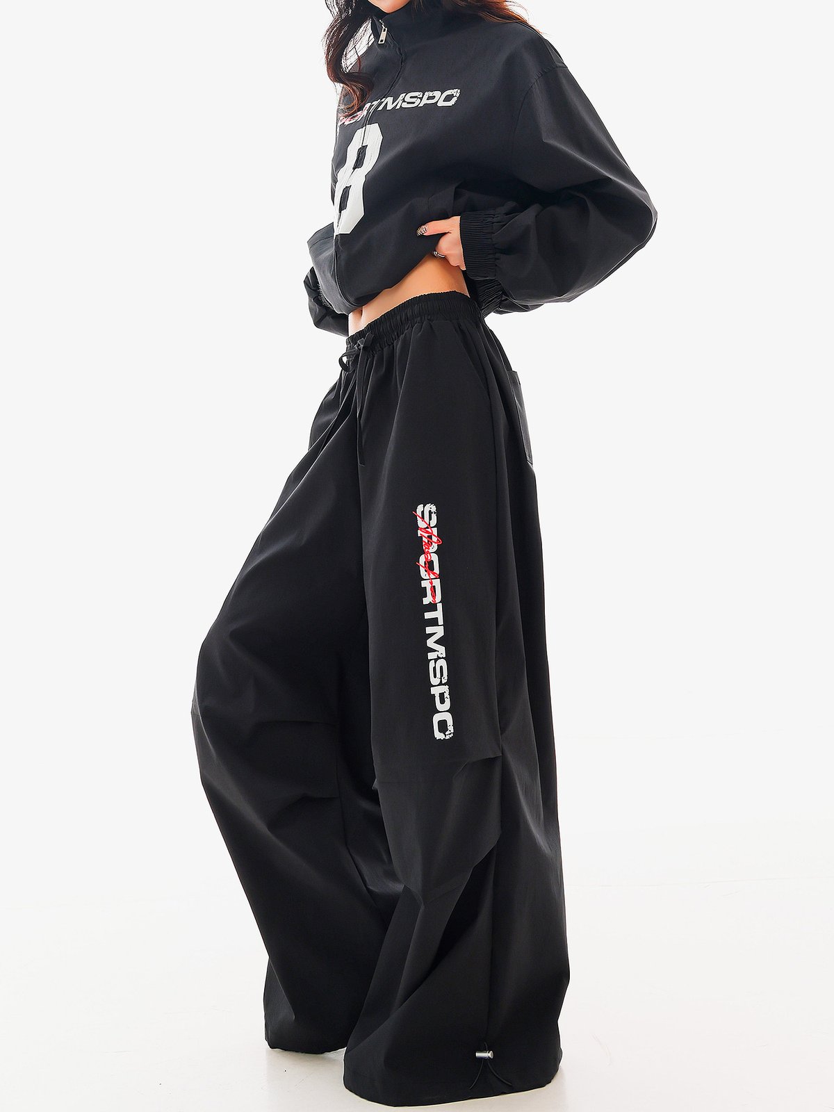 ロング丈 ウエストゴム ワイドスポーツパンツ ブラック｜商品写真