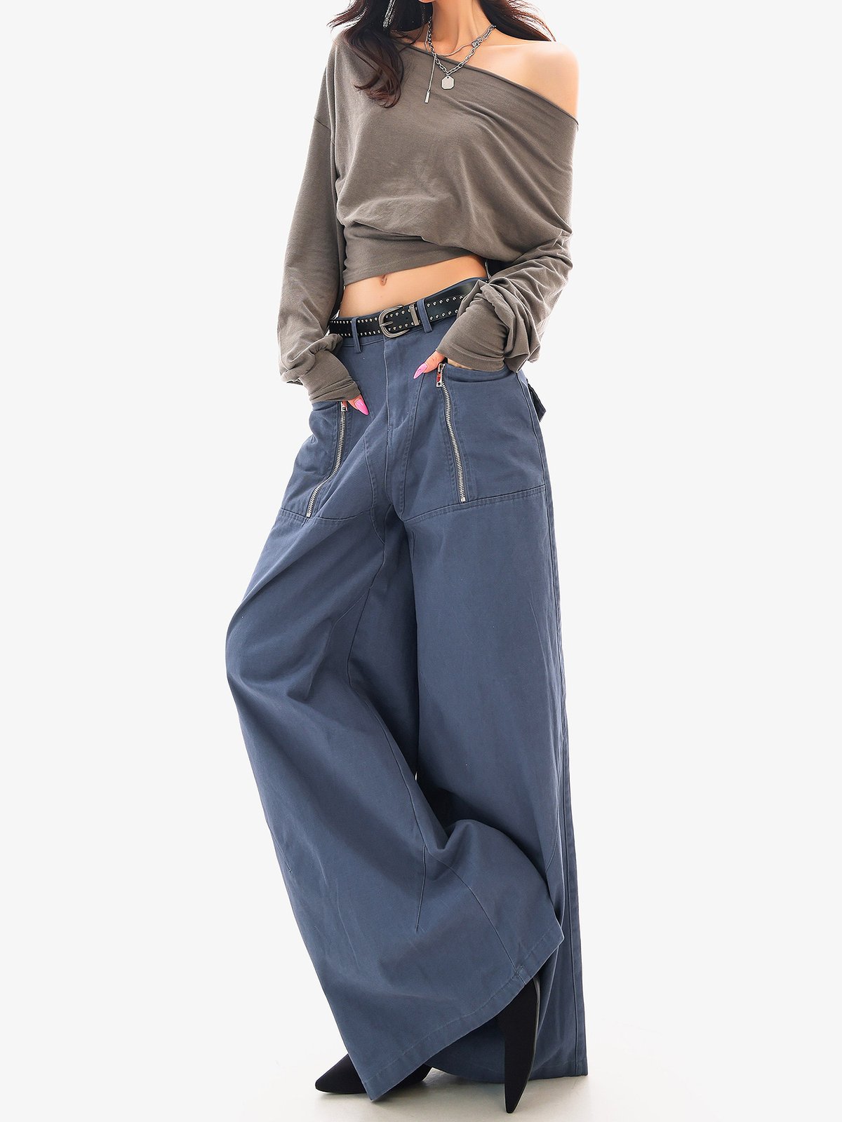 ロング丈 切替 ワイドカーゴパンツ ブルー｜商品写真